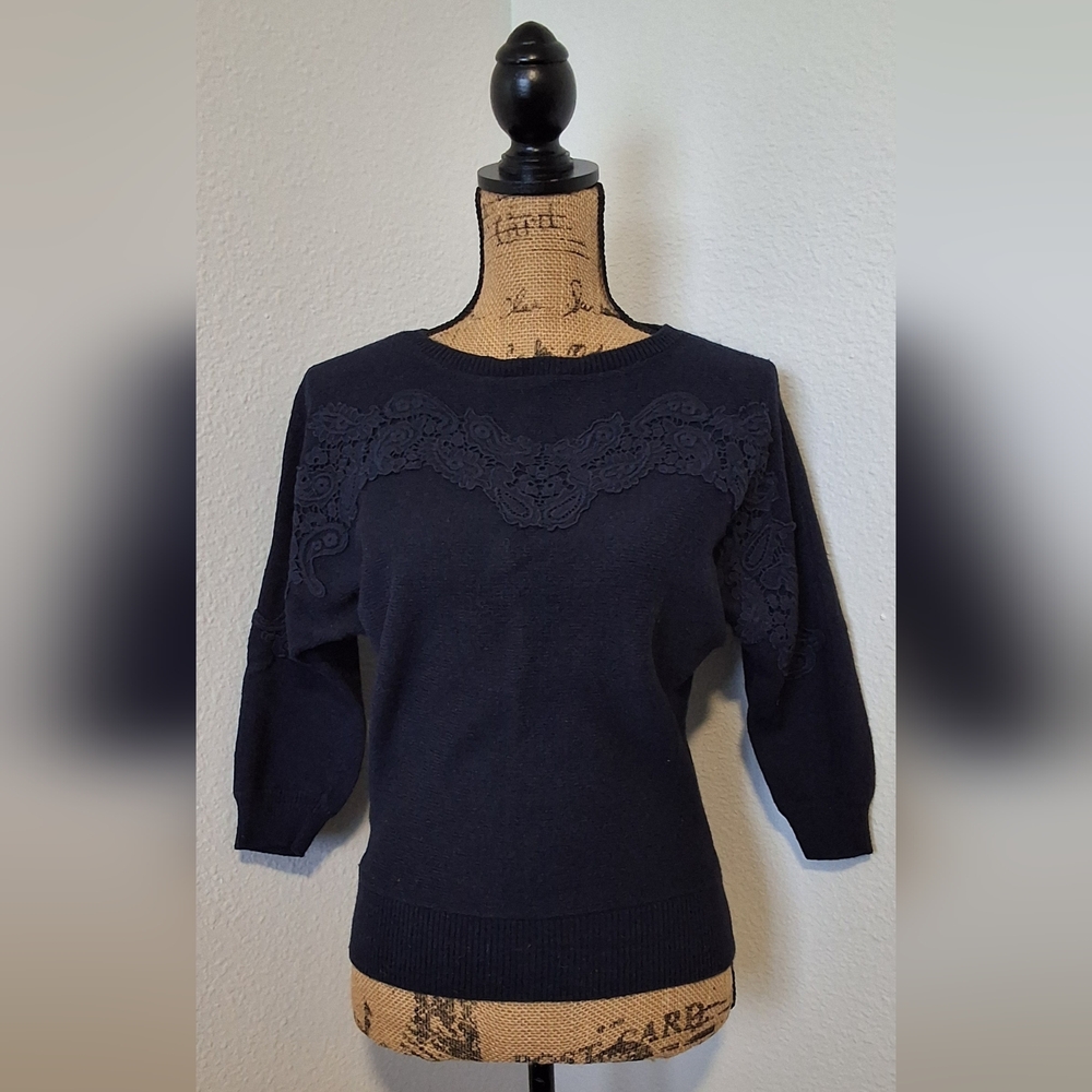 LOFT Navy Lace-Appliqué Crewneck Sweater
